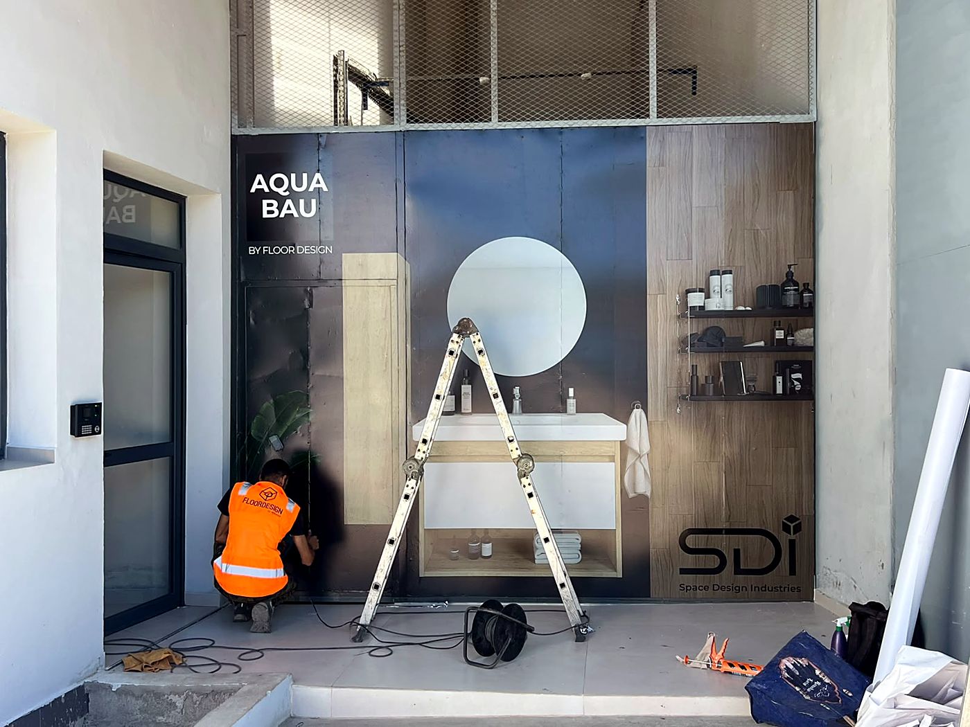 Pose d’un habillage mural imprimé Aqua Bau by Floor Design